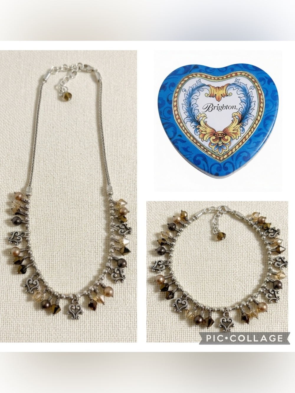Brighton Silver Tone Necklace & Bracelet Set Pearl Amber Charm Jewelry Heart Tin